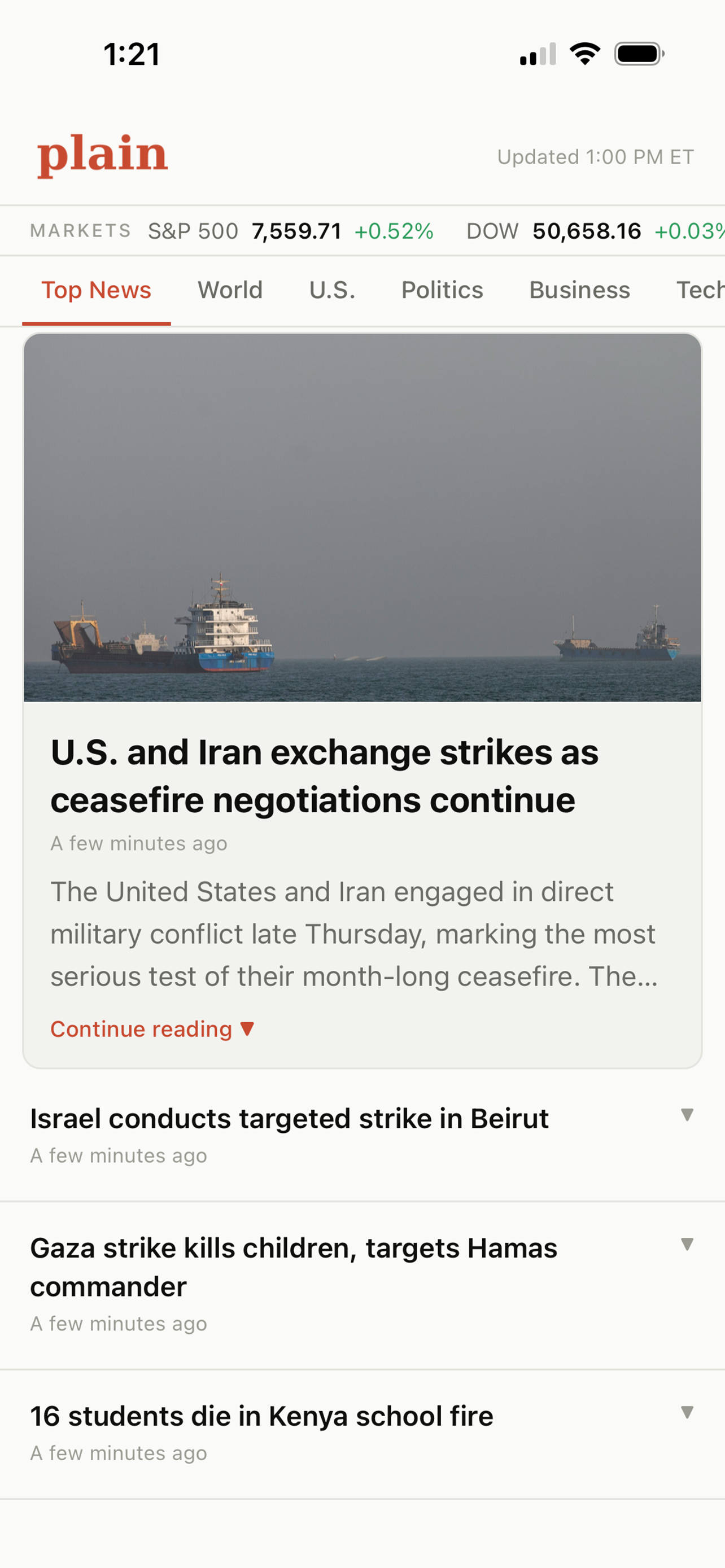 Plain app showing top story
